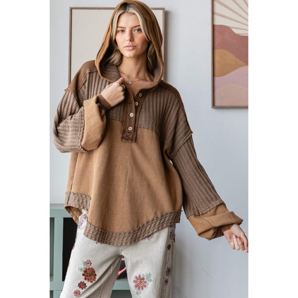 Oli & Hali Camel + Chocolate Two Tone Oversized Hooded Henley Pullover